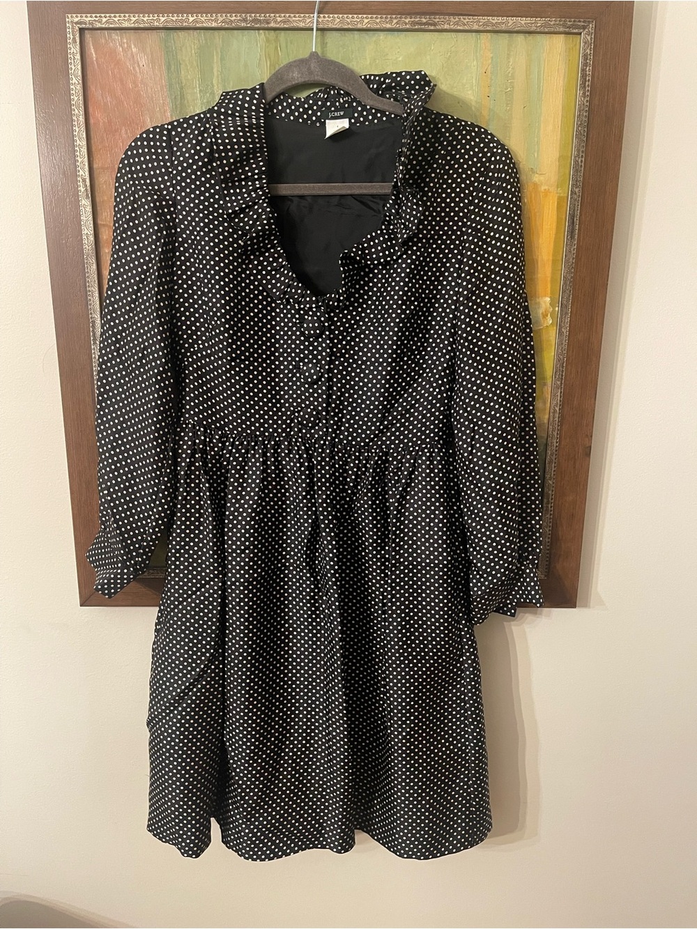 J. Crew Black and White Polka Dot Ruffle Neck Dress